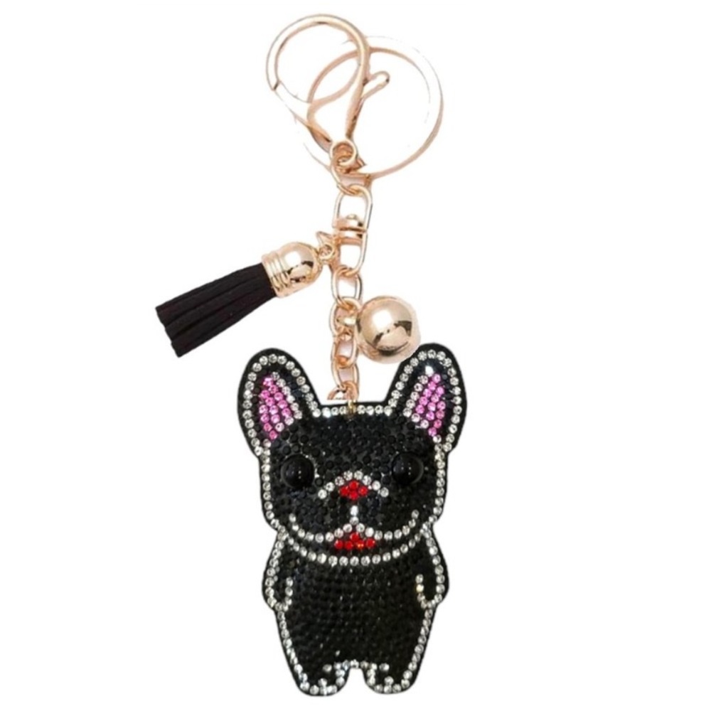 Bling! Rhinestone Black Bulldog Puffy Tassel Keychain Charm - Picture 2 of 3